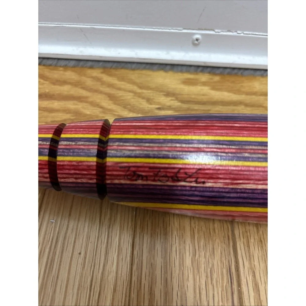 Tom Foster SIGNED Hand Turned Tapered Multicolor Carved Wood Rolling Pin 15.75x2